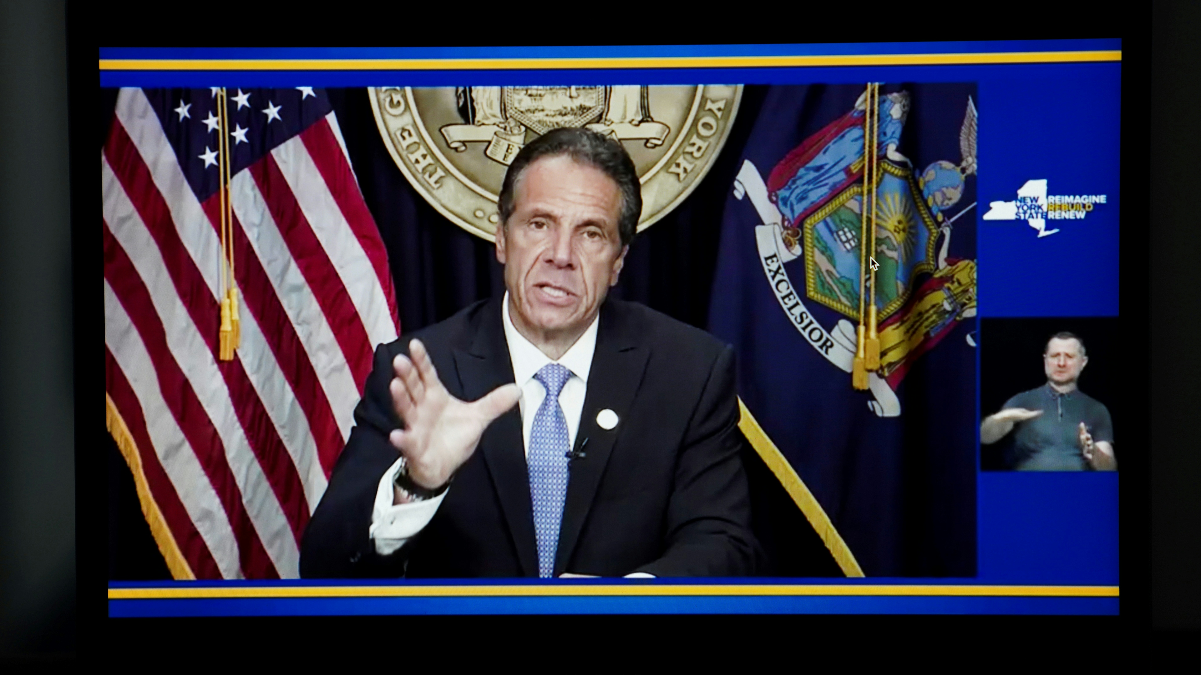 Photo taken from a video in New York, the United States, shows New York Governor Andrew Cuomo speaking during a televised address