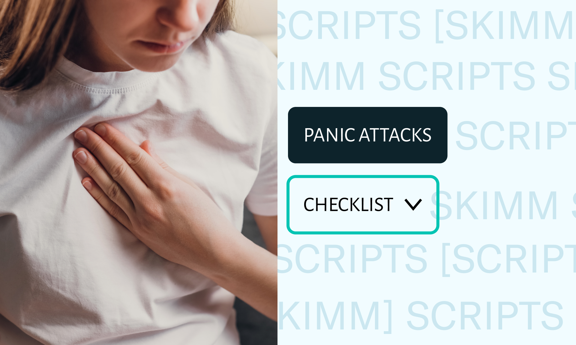 A woman with her hand on her chest looking distressed. Text reads: Panic attacks, checklist