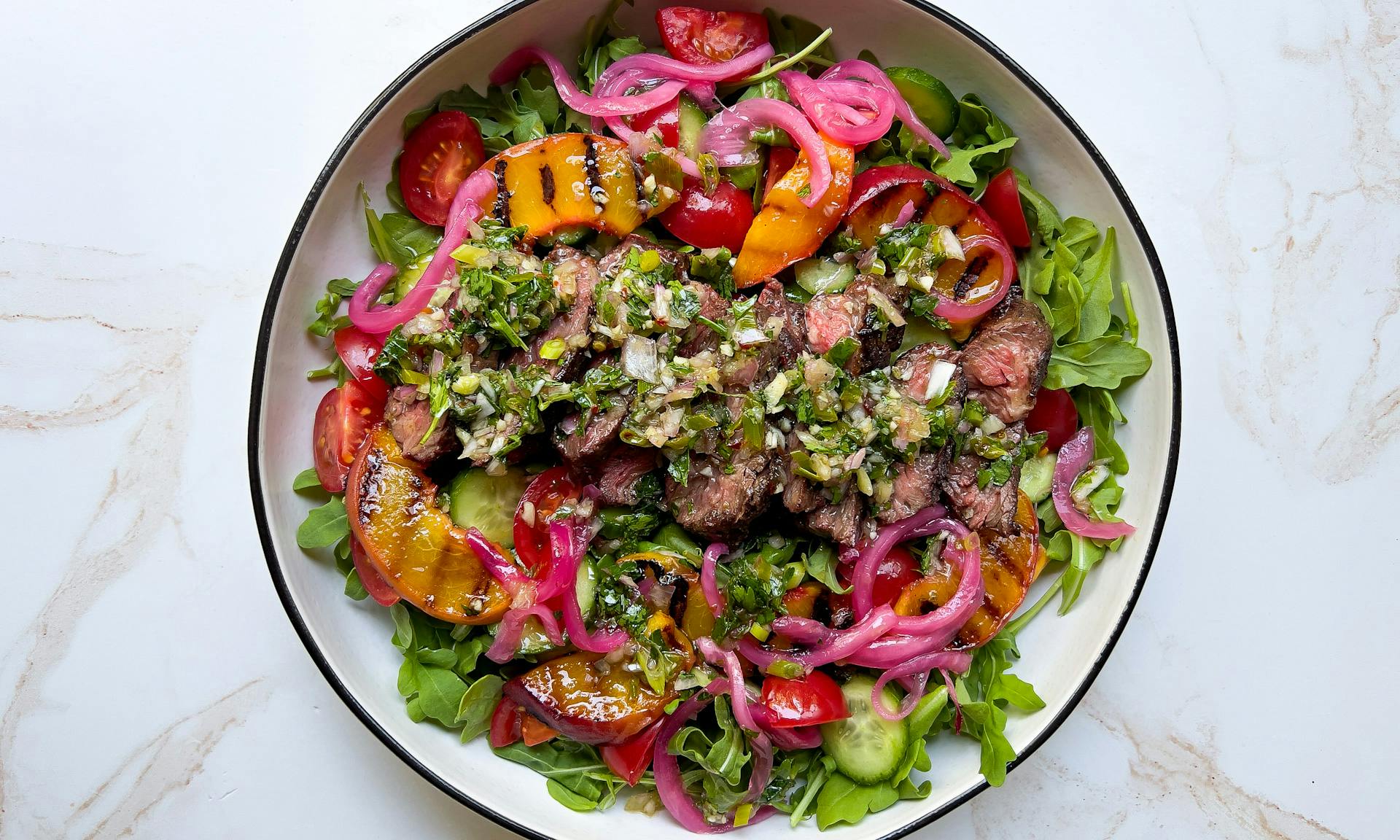  Steak & Peach Salad with Sizzled Scallion Chimichurri