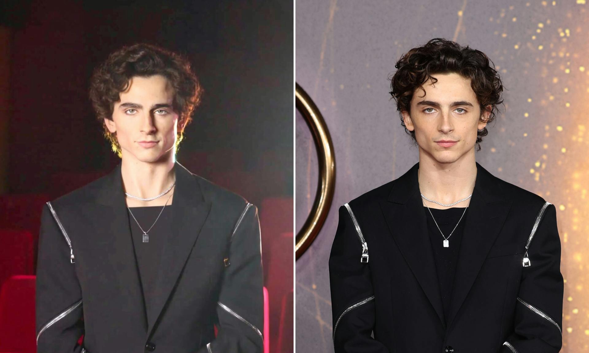 Left: Timothée Chalamet wax figure. Right: Timothée Chalamet at Dune premiere.