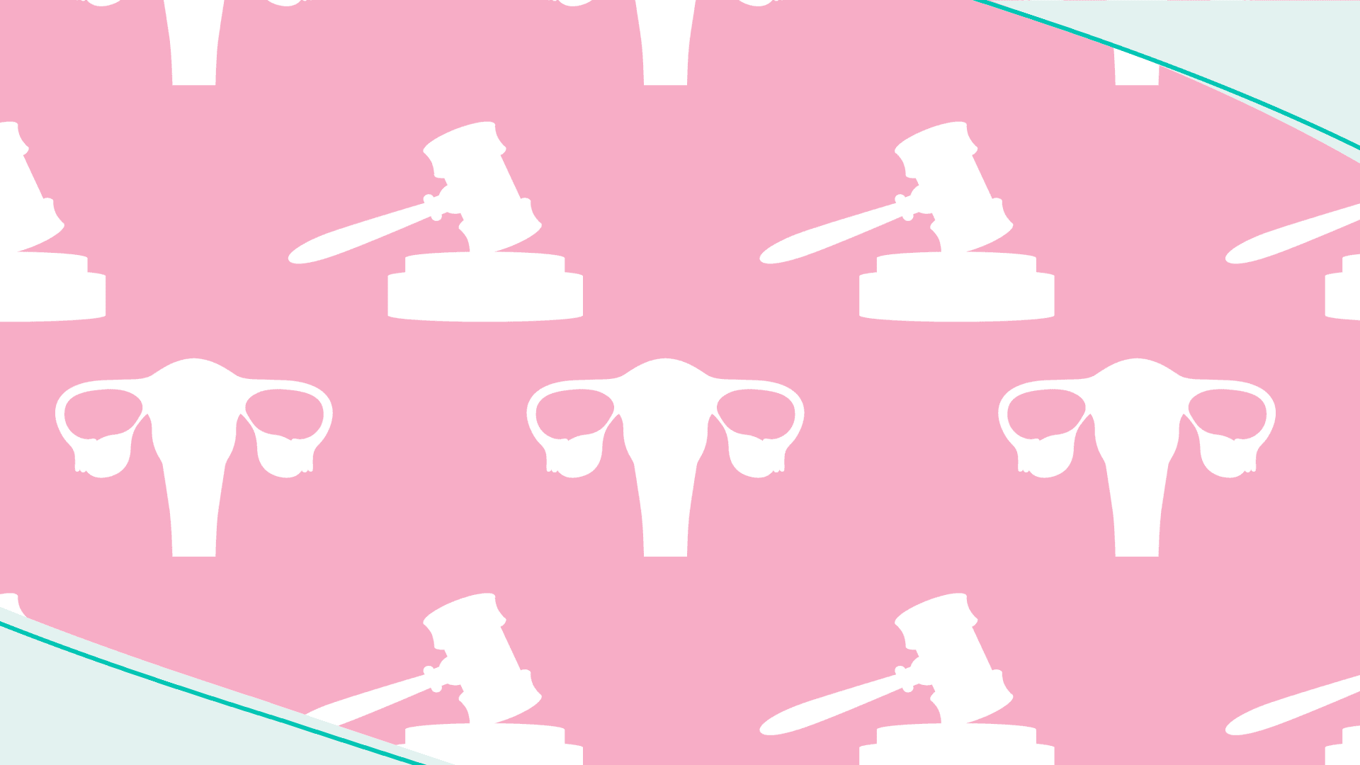 Vector seamless pattern of white gavels and uteruses on a pink square background.