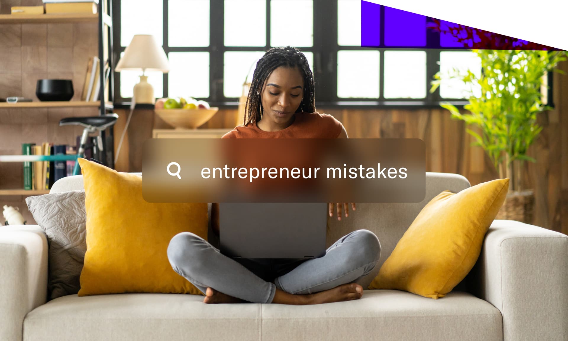 woman sitting on couch stock image search text reads: entrepreneur mistakes