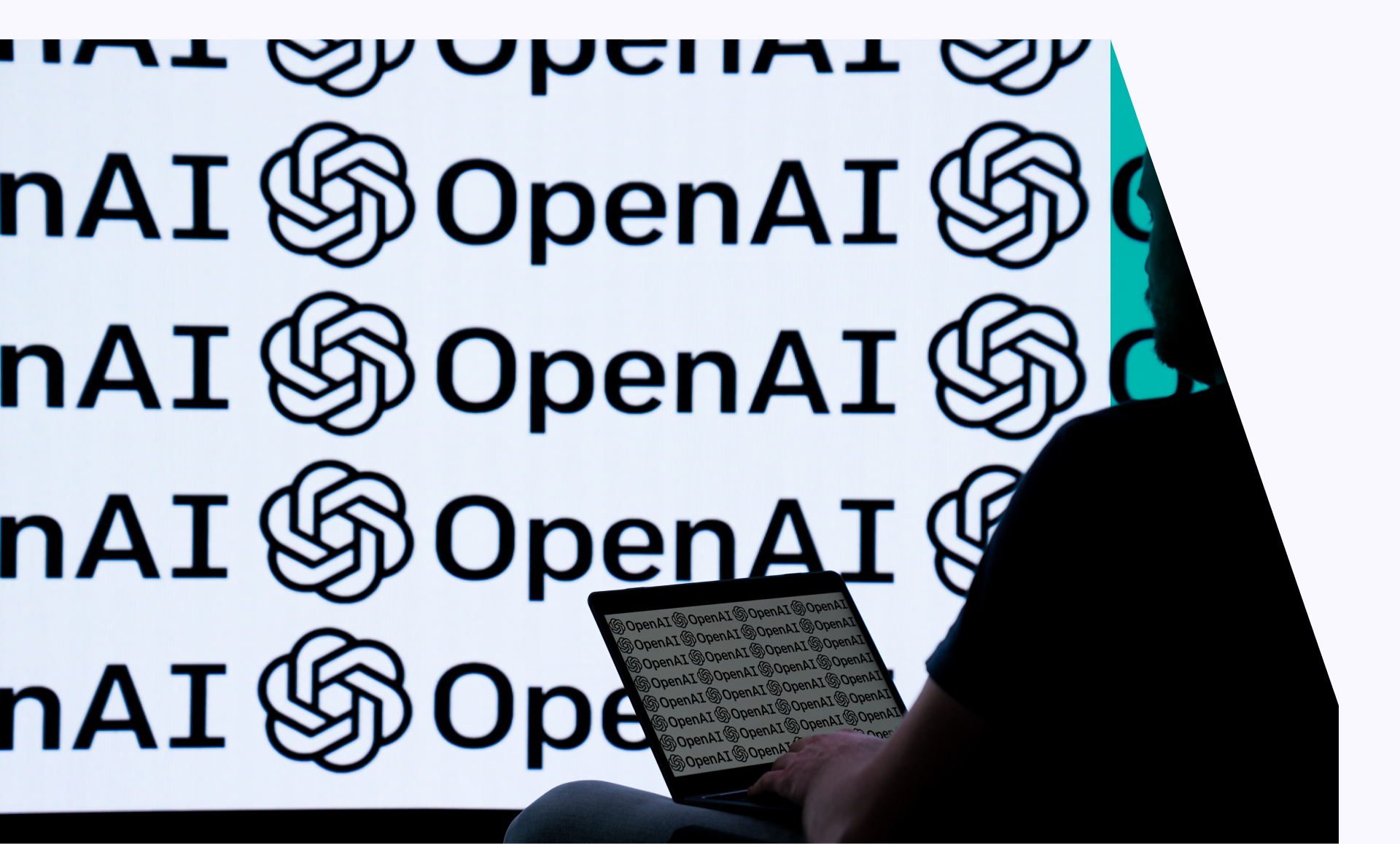 In this photo illustration a man uses OpenAI Voice Engine via a laptop screen and sits in front of the logo of OpenAI Voice Engine in Ankara, Turkiye on April 22, 2024