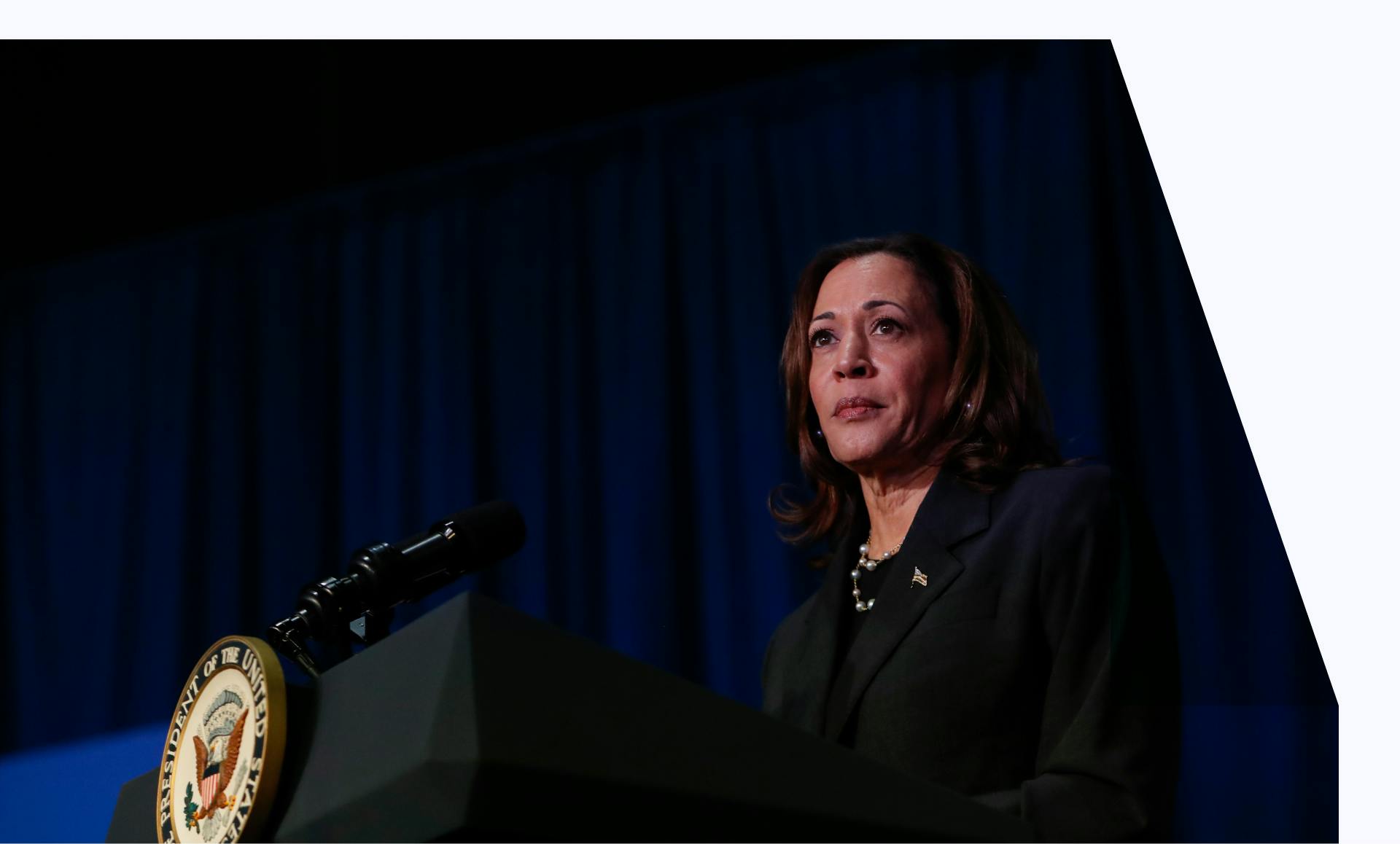 US Vice President Kamala Harris makes remarks before a moderated conversation with former Trump administration national security official Olivia Troye and former Republican voter Amanda Stratton on July 17, 2024 