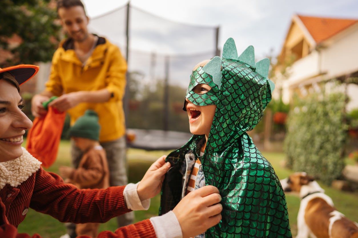 family getting ready for halloween