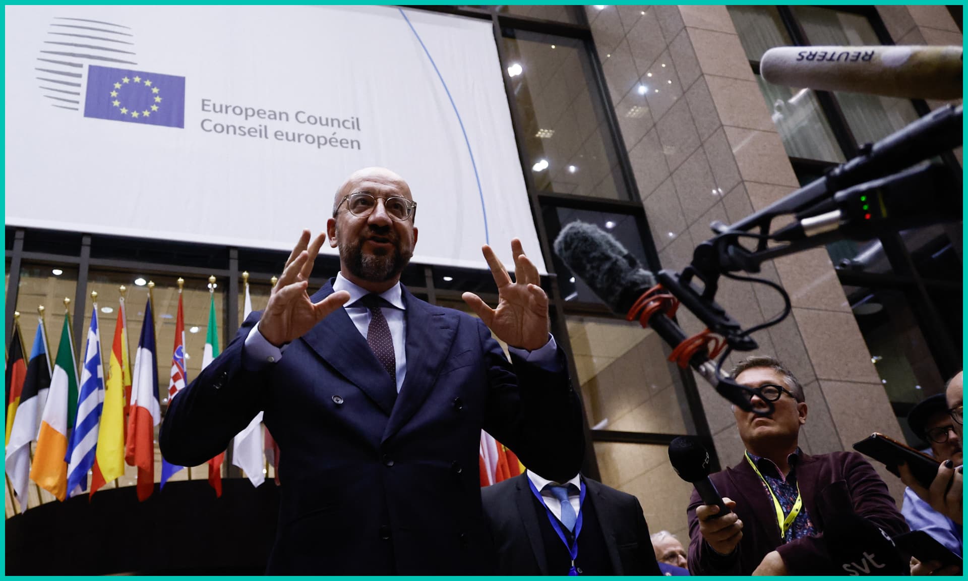 European Council Belgian President Charles Michel delivers remarks to journalists at the end of the first day of a European Union summit