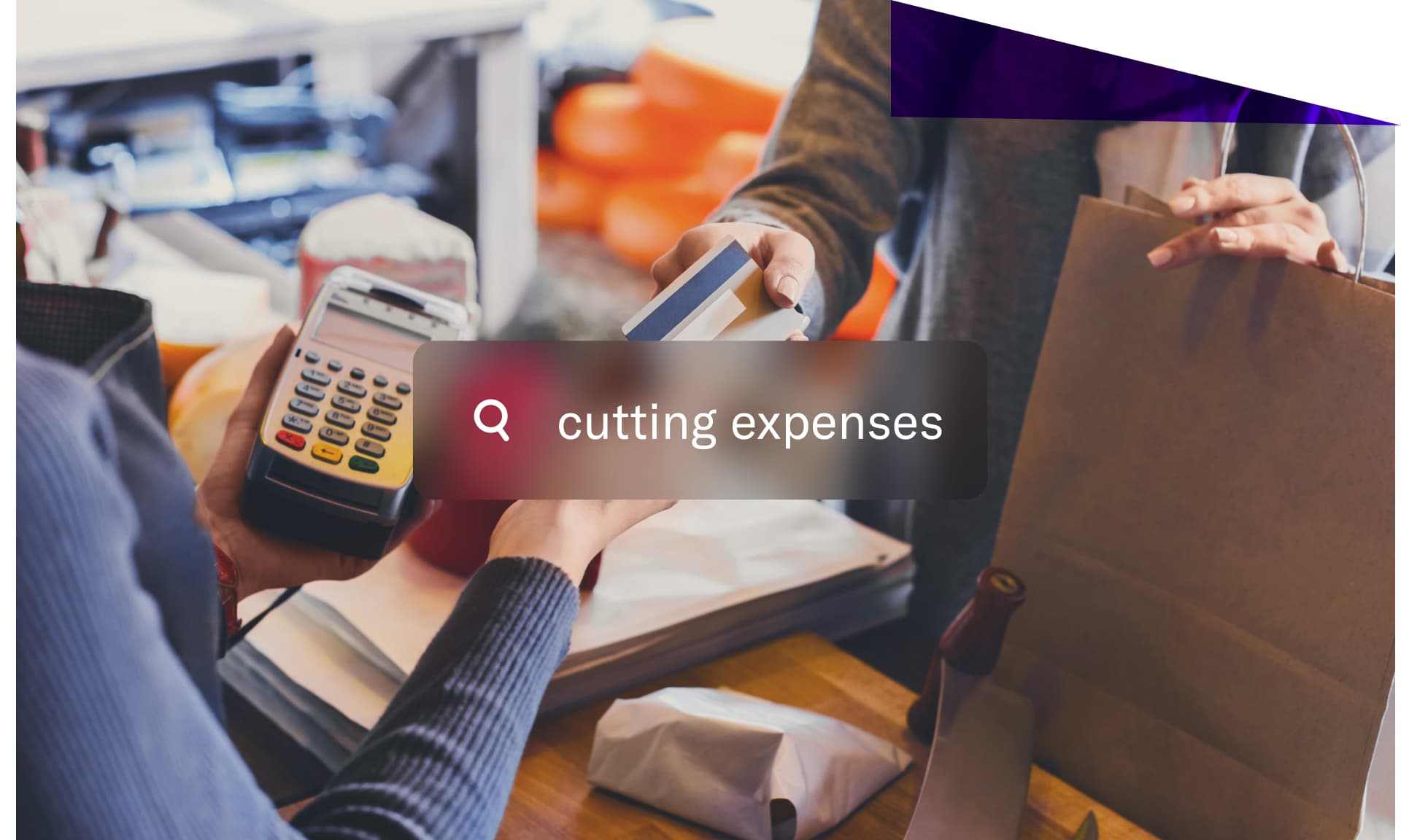 cutting expenses search text over stock image of someone paying at register