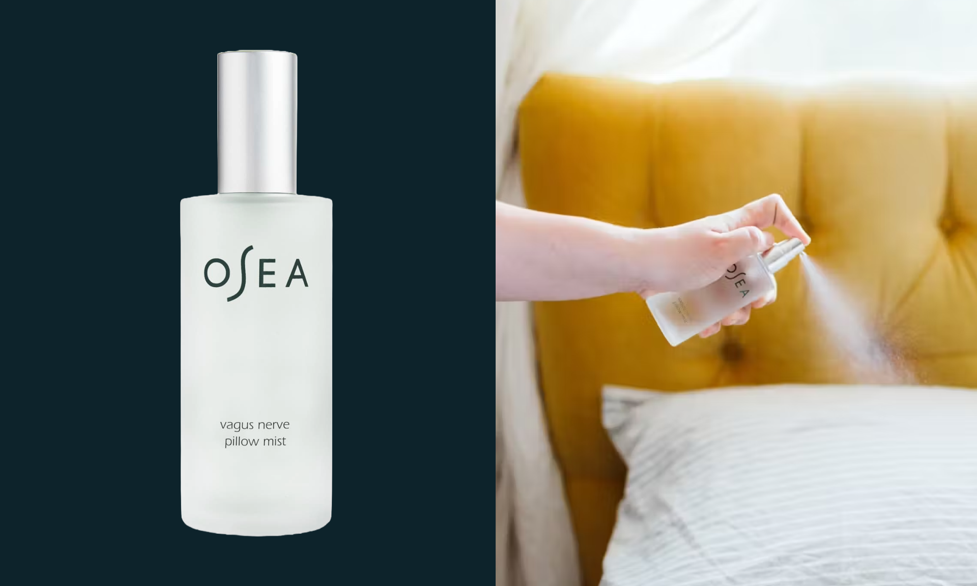 A bottle of Osea Vagus Nerve Pillow Mist on a dark blue background next to a picture of a person's hand spraying the mist on a bed.