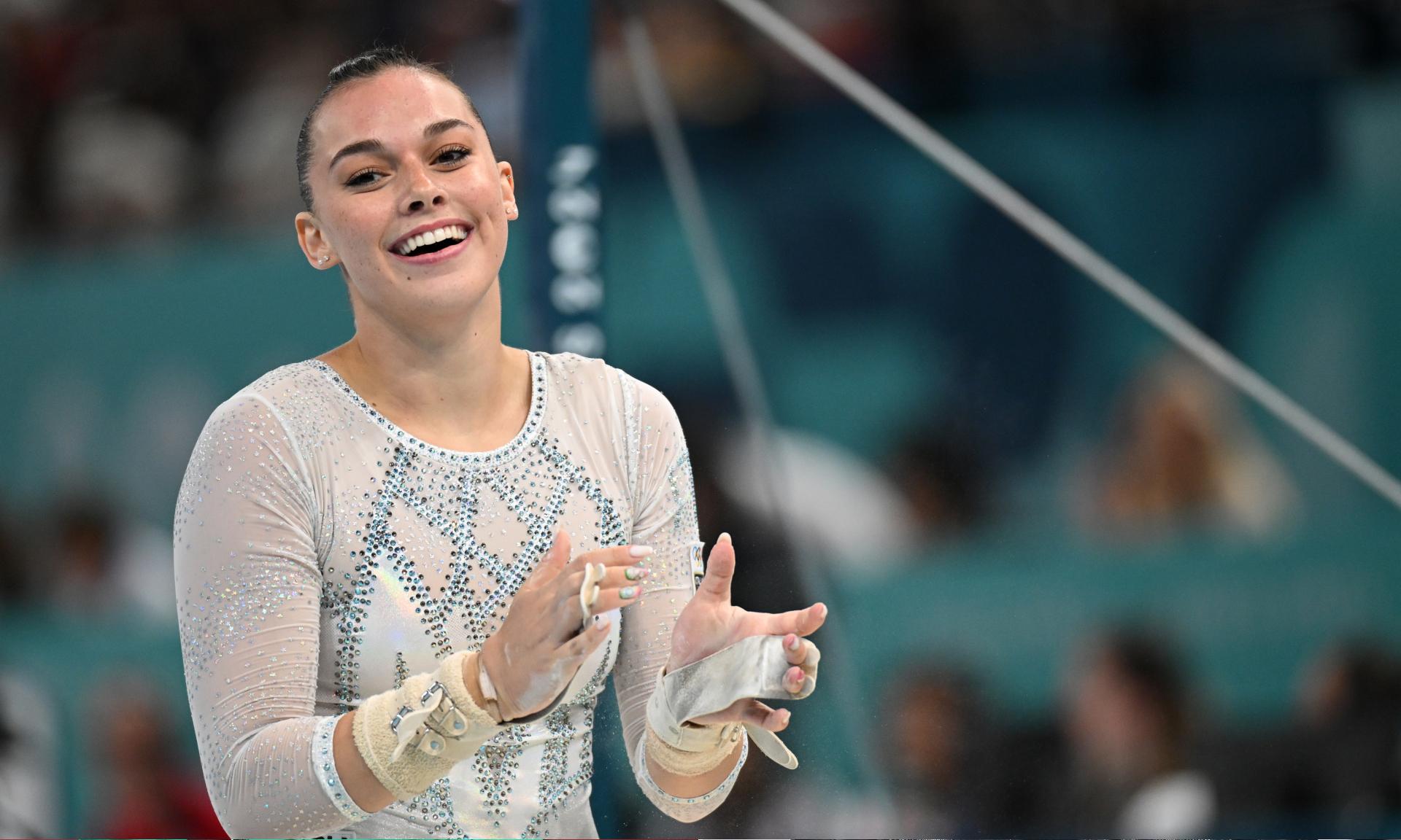 Olympia, Paris 2024, gymnastics, team, women, final, Giorgia Villa from Italy cheers after her routine on the uneven bars