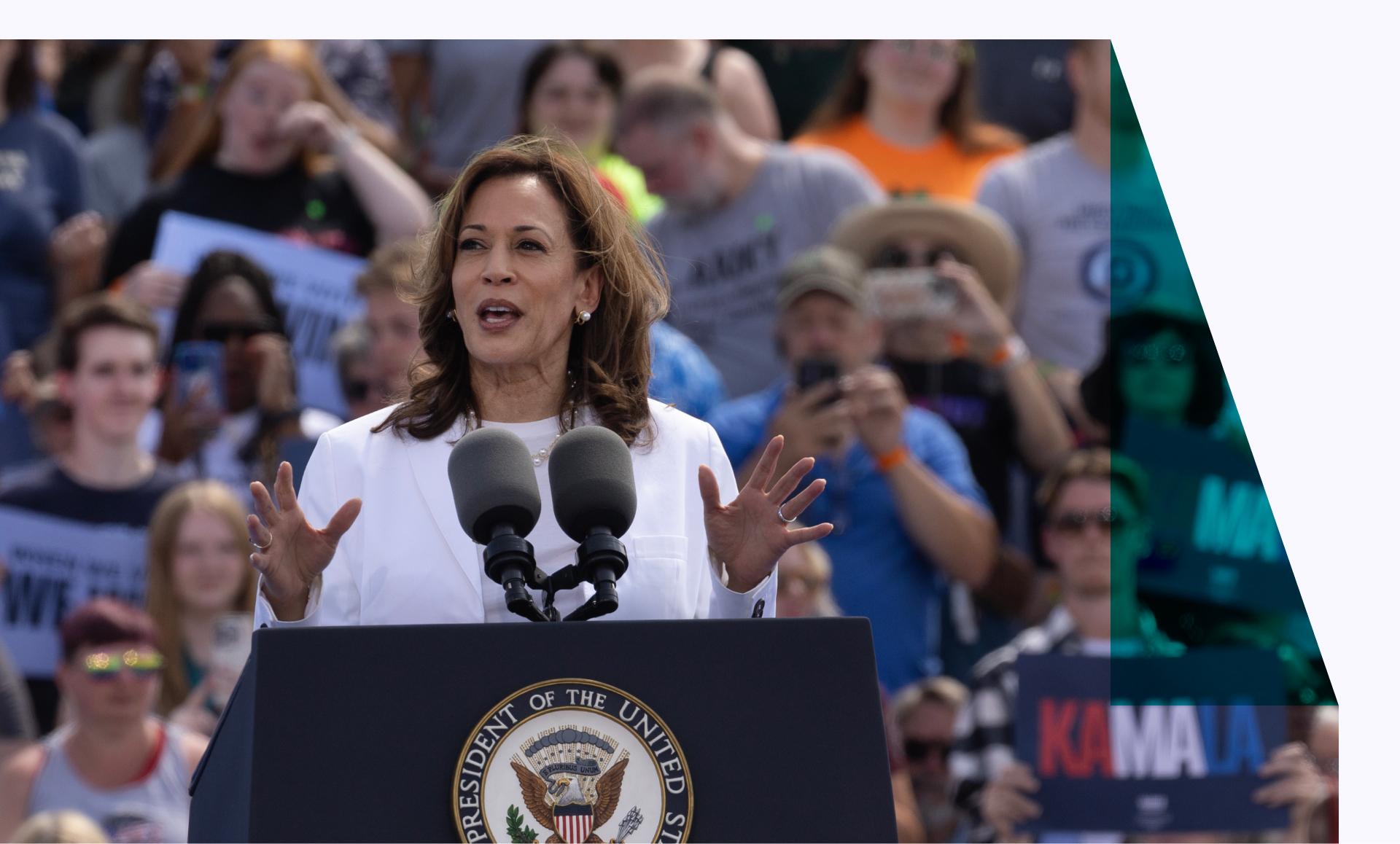 Democratic presidential candidate Vice President Kamala Harris speaks at a campaign rally where she appeared with her running mate Democratic vice presidential candidate, Minnesota Gov. Tim Walz on August 7, 2024 in Eau Claire, Wisconsin.