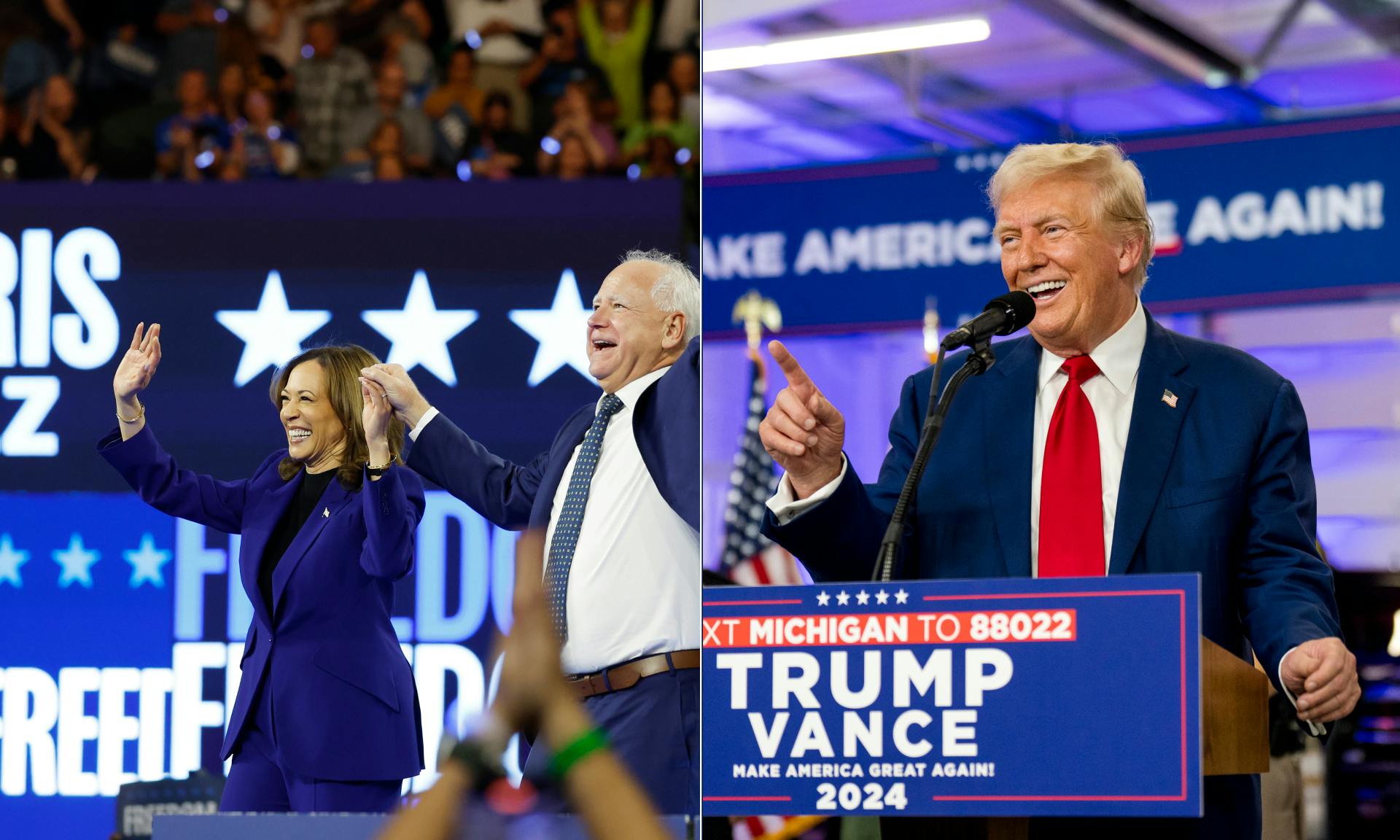 VP Harris and Gov. Tim Walz (D-MN) in Milwaukee, Wisconsin. Former President Trump at a campaign stop in Michigan.