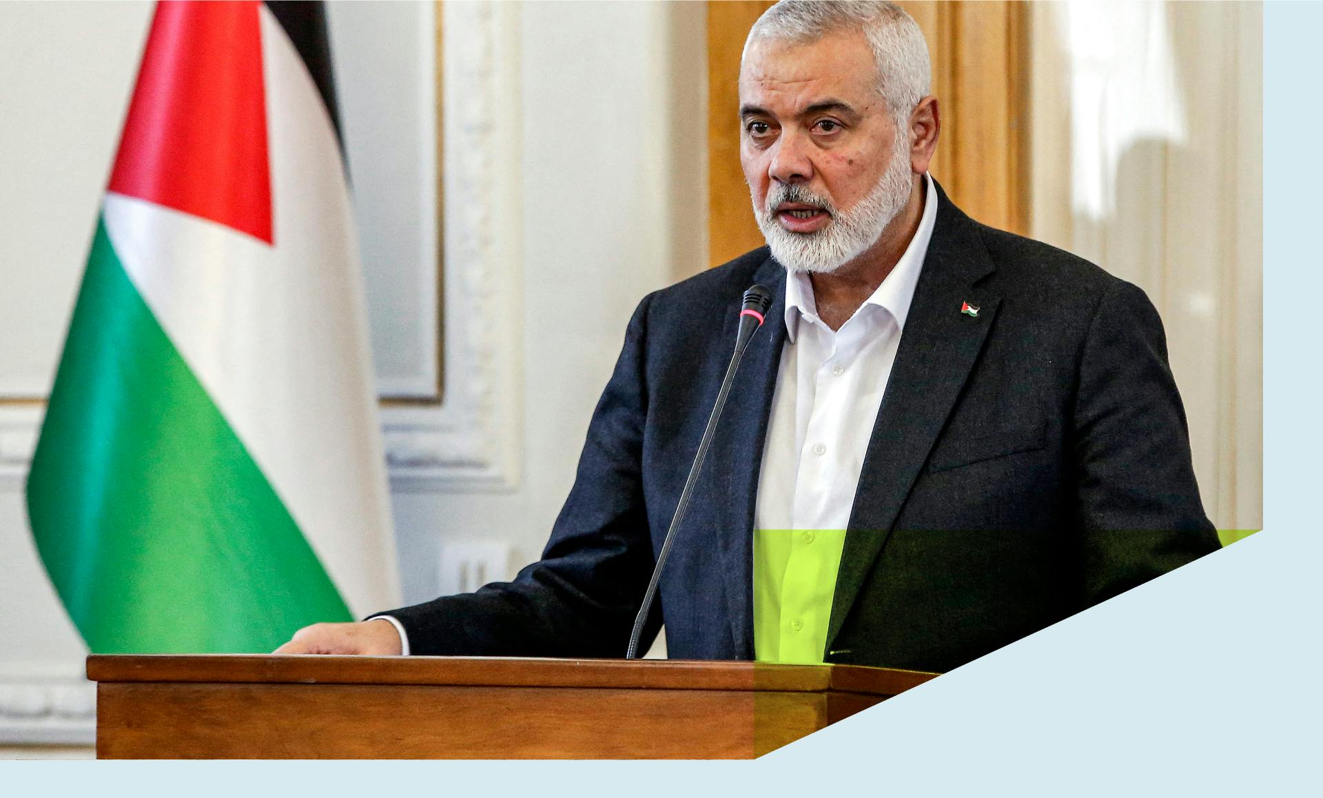 Ismail Haniyeh, the Doha-based political bureau chief of the Palestinian Islamist movement Hamas, speaks to the press after a meeting with the Iranian foreign minister in Tehran on March 26, 2024.