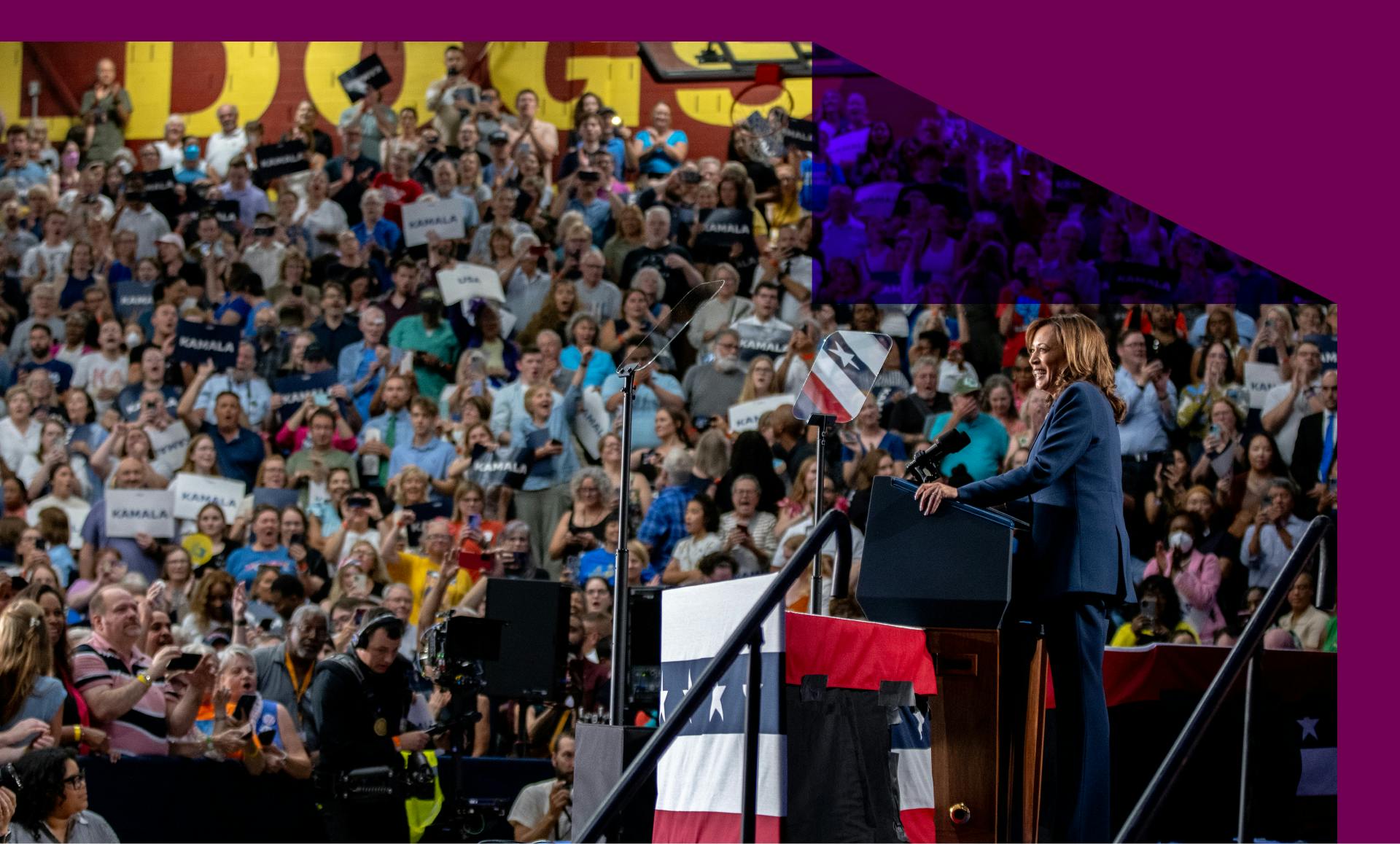 ice President Kamala Harris speaks to supporters during a campaign rally at West Allis Central High School on July 23, 2024 in West Allis, Wisconsin.