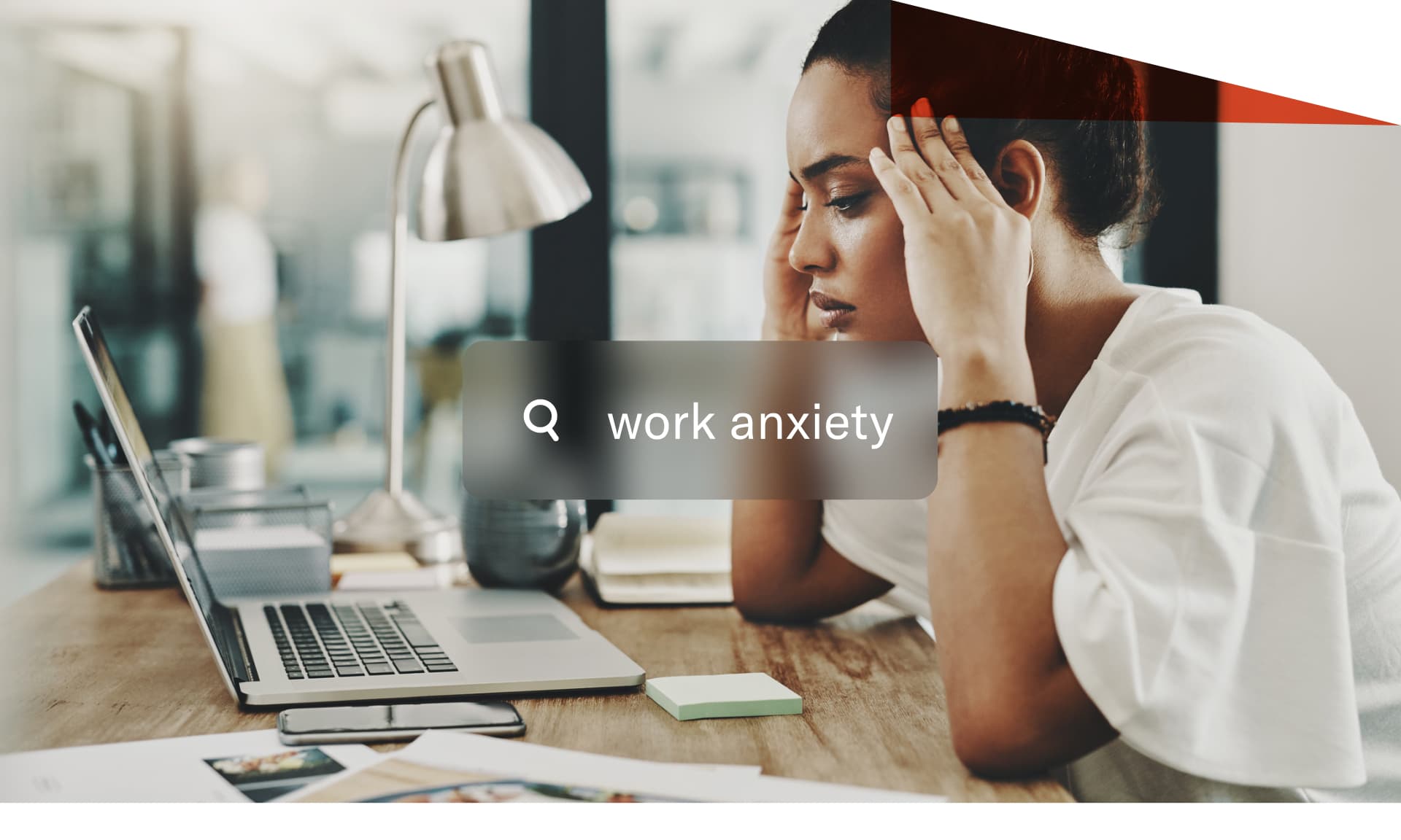 stock image of stressed woman work anxiety search bar text