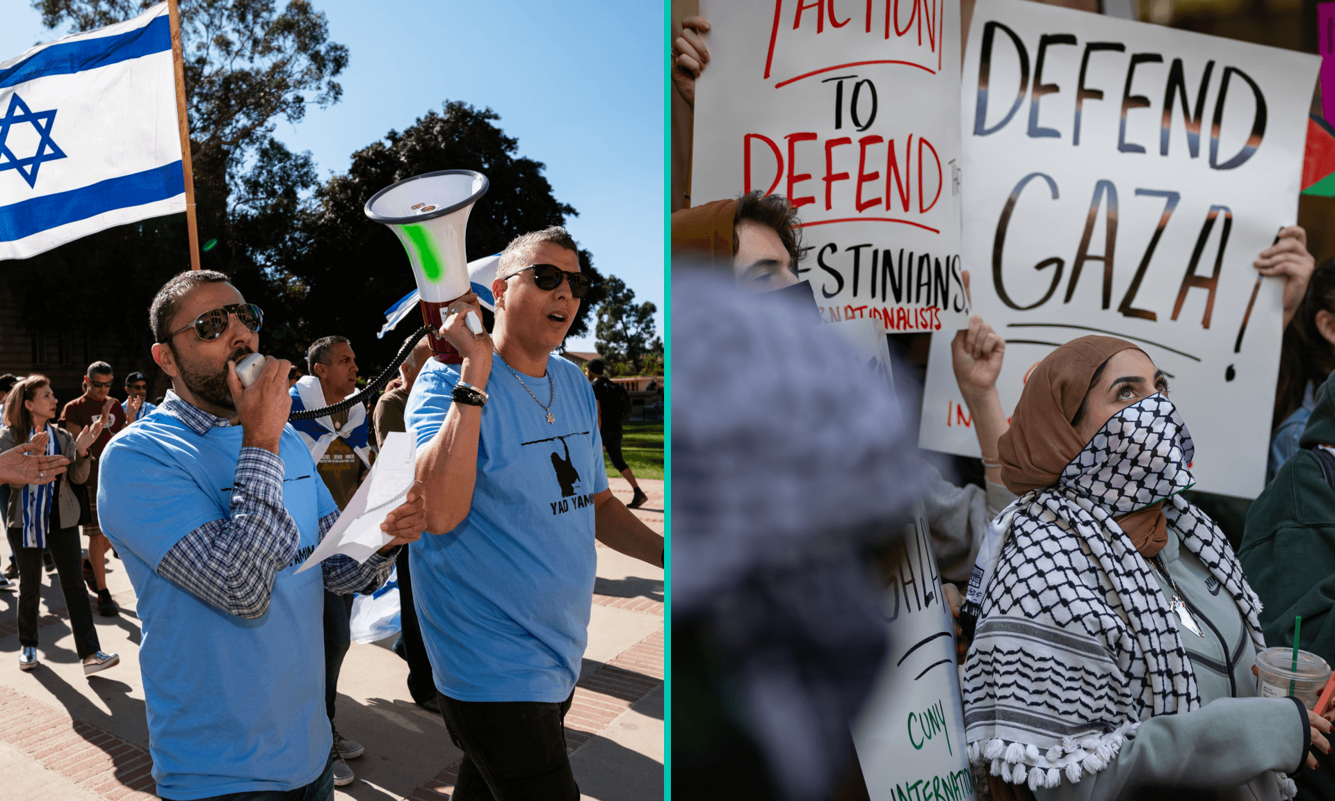 Students from Hunter College chant and hold up signs during a pro-Palestinian demonstration and  Members of the Jewish community and their allies protest antisemitism and the upcoming National Students for Justice in Palestine conference at the UCLA campus