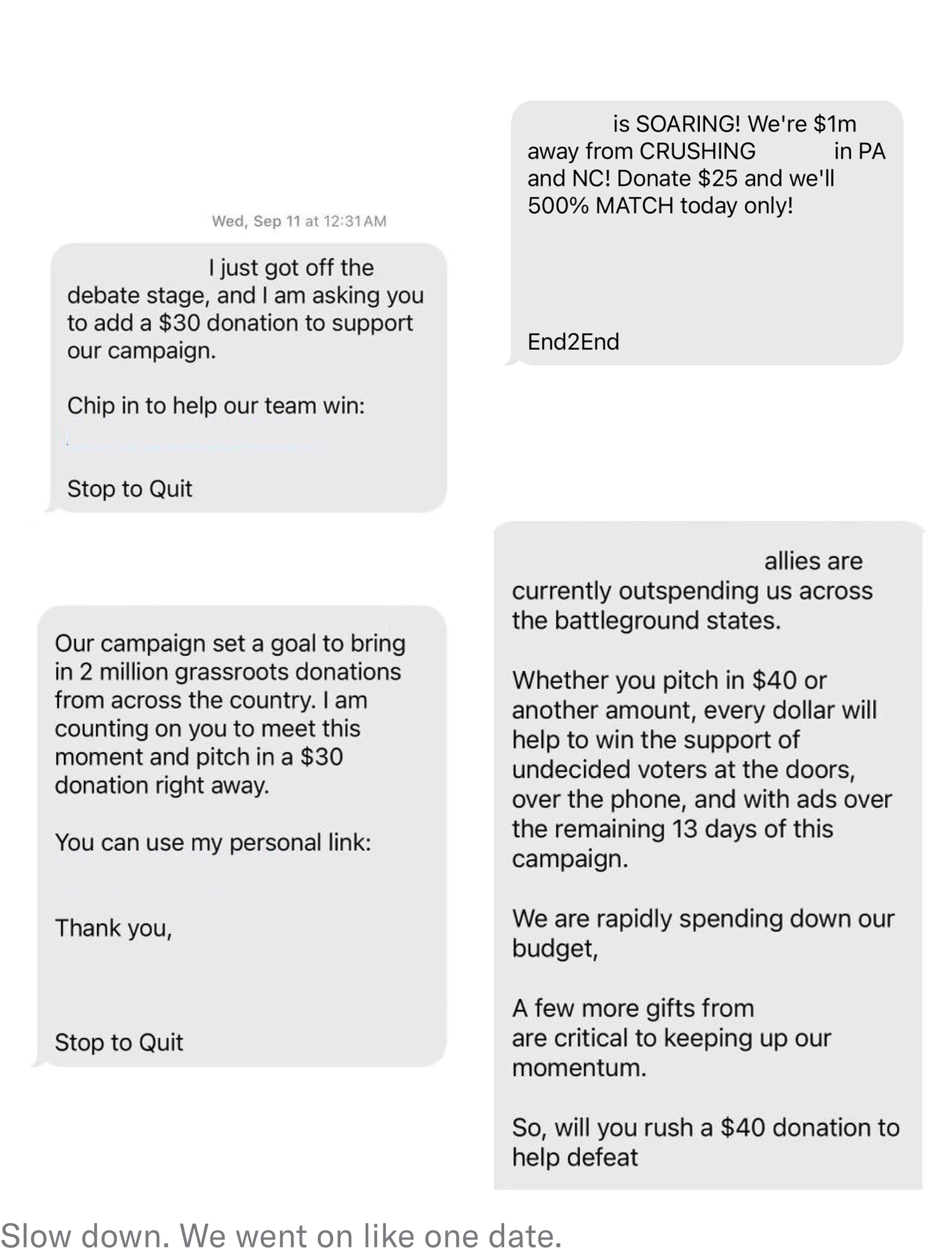 screenshot of campaign donation spam texts