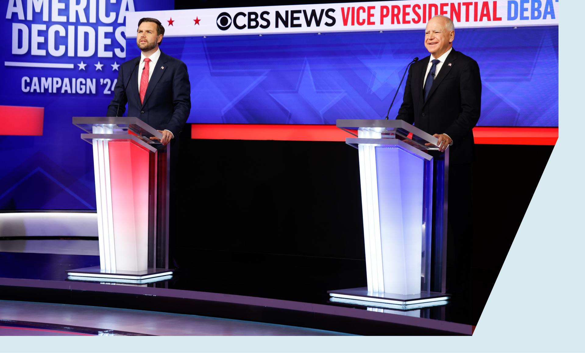 Republican vice presidential candidate, Sen. JD Vance (R-OH), and Democratic vice presidential candidate, Minnesota Gov. Tim Walz, participate in a debate at the CBS Broadcast Center on October 1, 2024 in New York City.