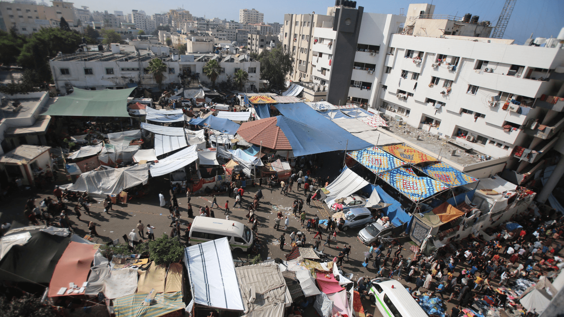 An aerial view shows the compound of Al-Shifa hospital in Gaza City on November 7, 2023.