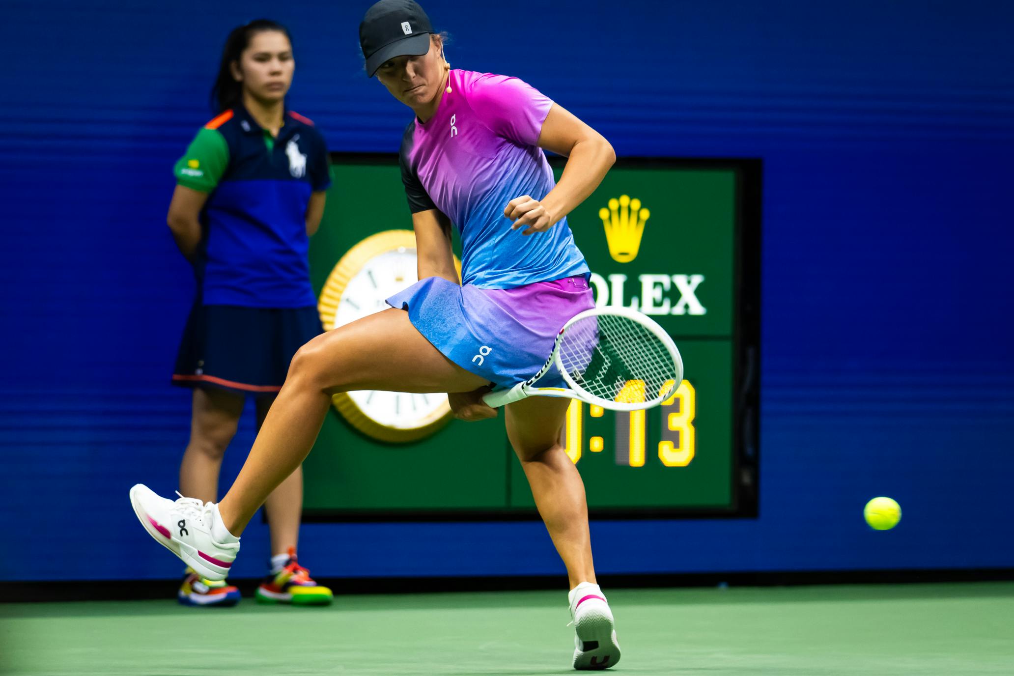 Iga Swiatek of Poland plays doubles with Sebastian Korda of the United States at the Stars of the Open exhibition event ahead of the US Open at USTA Billie Jean King National Tennis Center on August 21, 2024 in New York City.