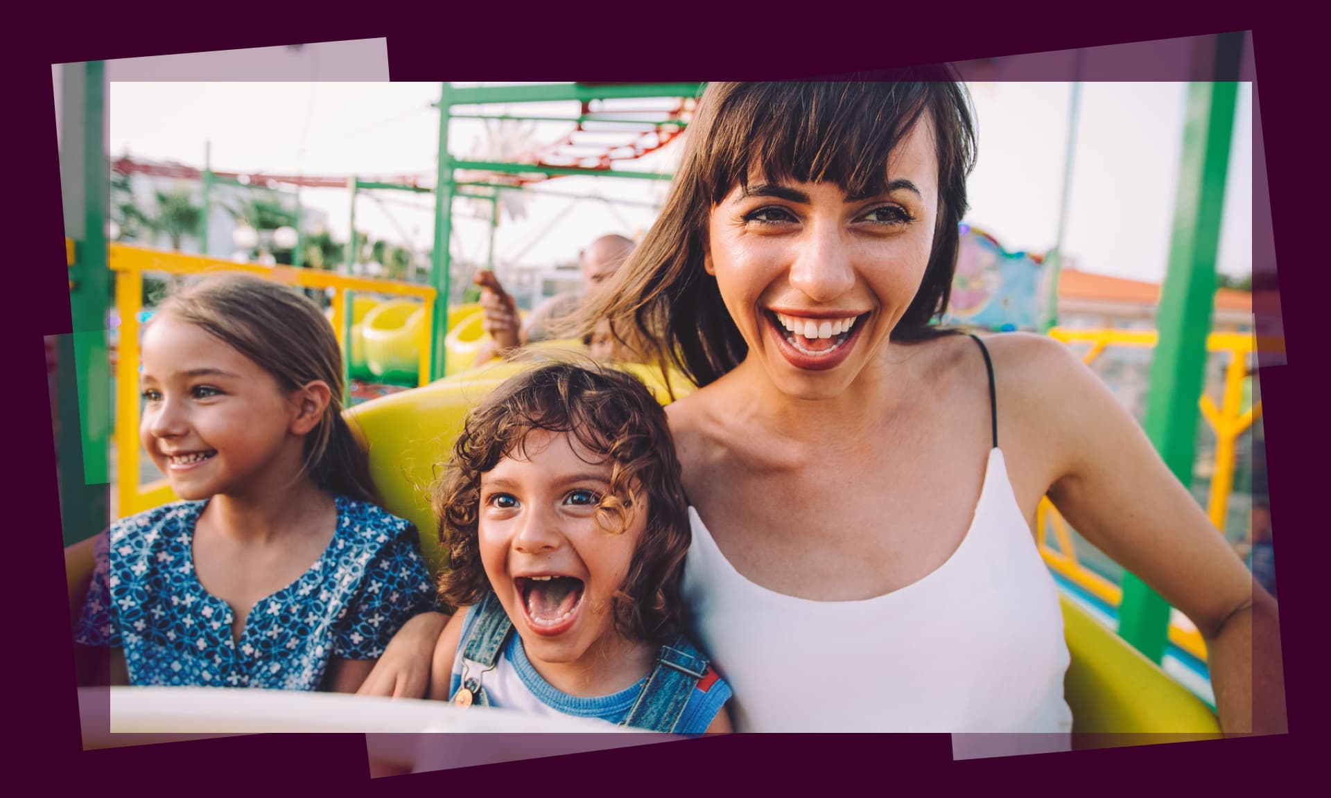 woman on rollercoaster with kids stock image