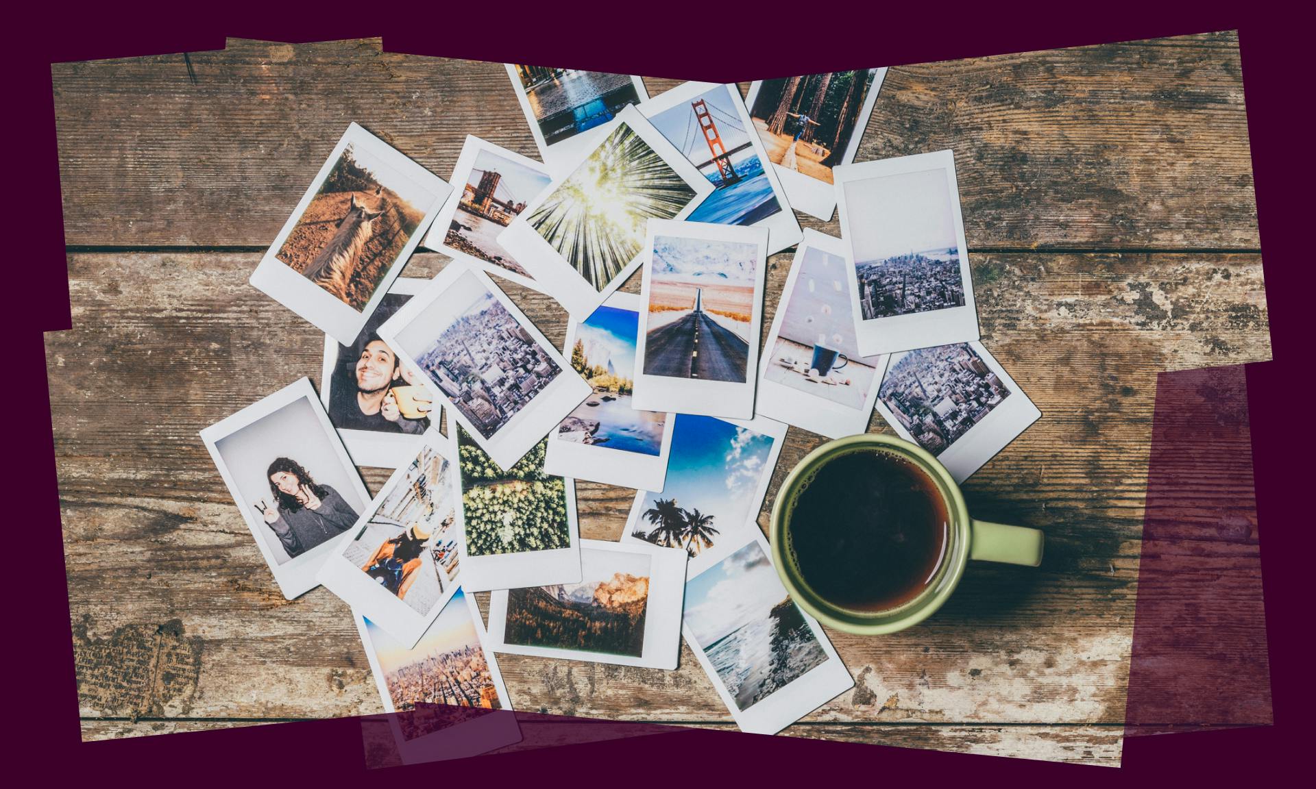 stock image of photo collage on table with coffee cup