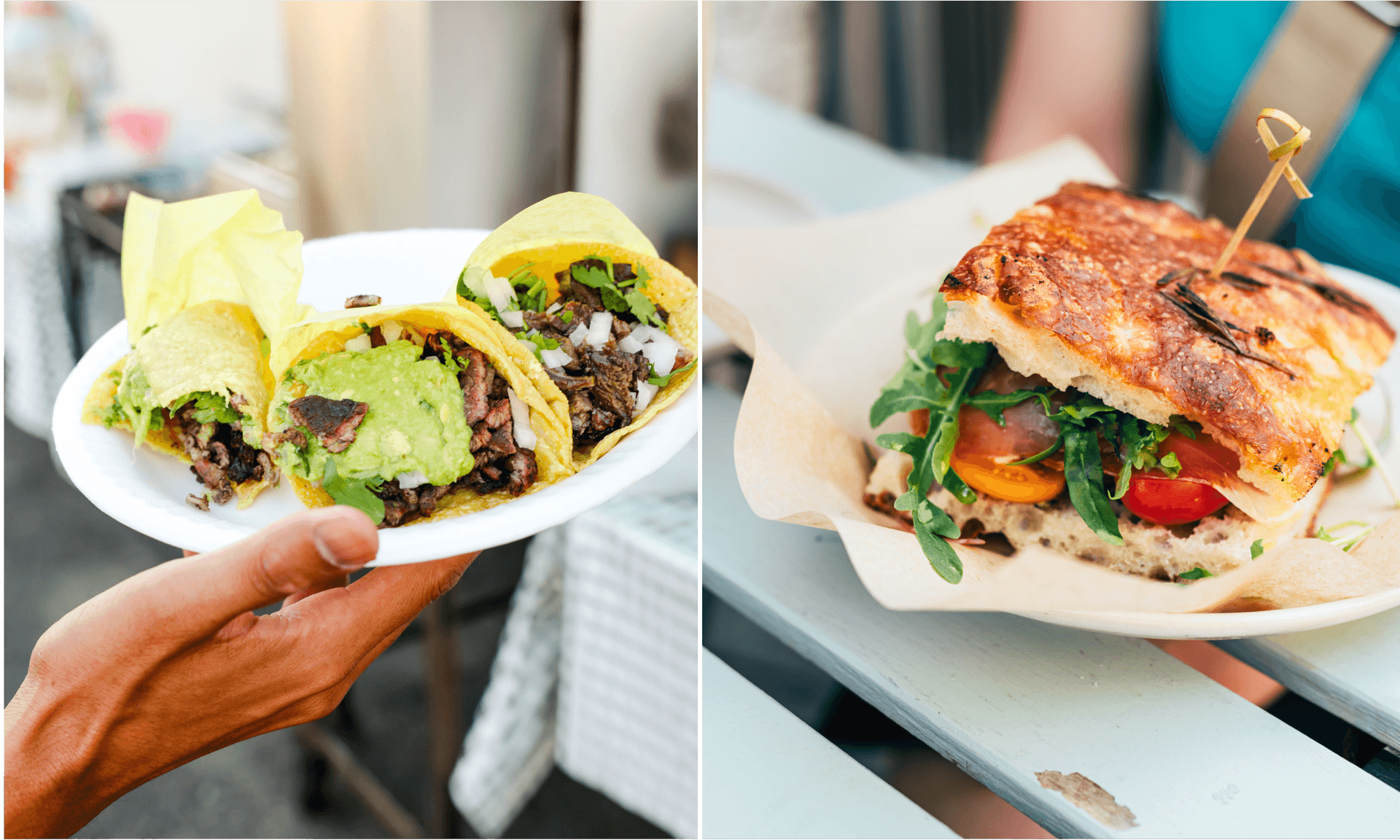 A costumer holds out their tacos and Sea Salt and Olive Oil Focaccia with prosciutto ham, mozzarella, tomatoes, basil, rocket, mint, pesto served in street cafe