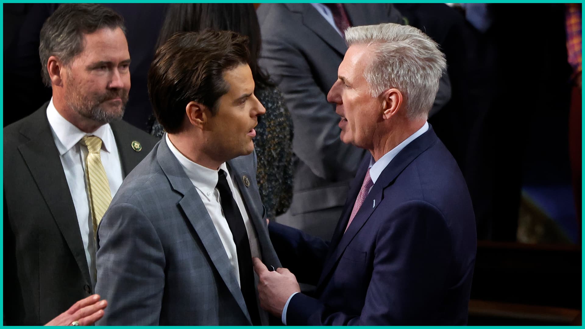 Kevin McCarthy (R-CA) (L) talks to Rep.-elect Matt Gaetz (R-FL) in the House Chamber after Gaetz voted present during the fourth day of voting for Speaker of the House