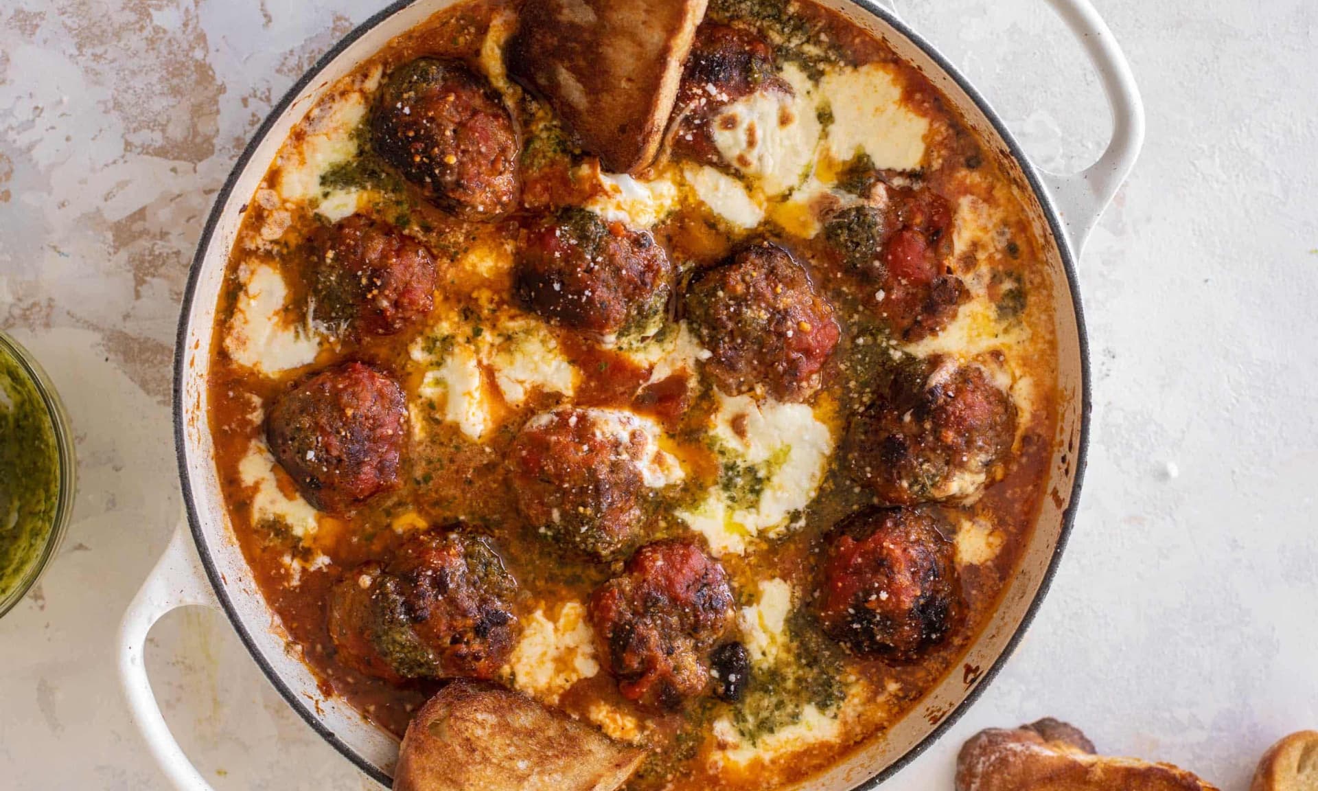 Cheesy Pesto Baked Meatballs with Burrata