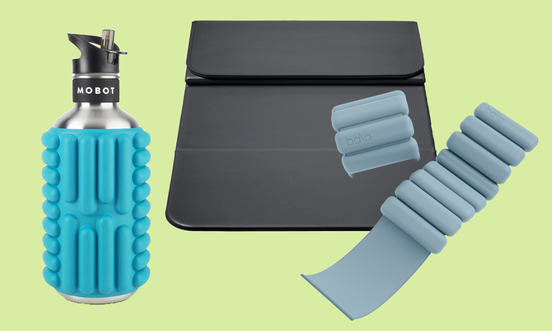 A blue Mobot water bottle, a black Stakt mat, and blue Bala bangles