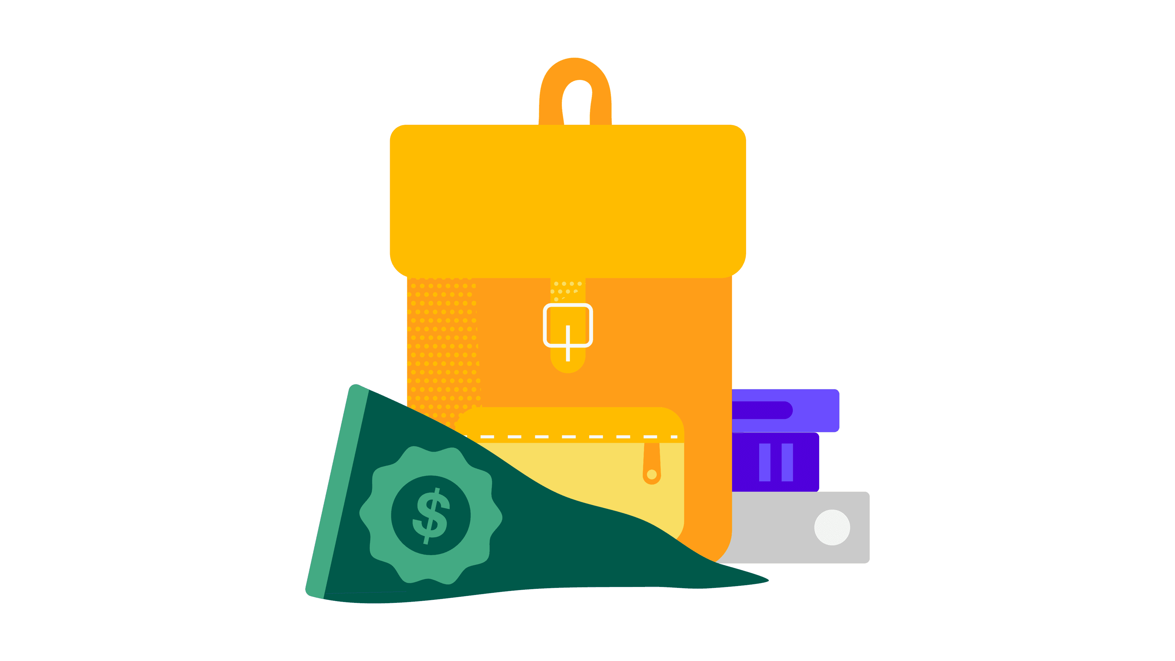 backpack, books, student loan flag