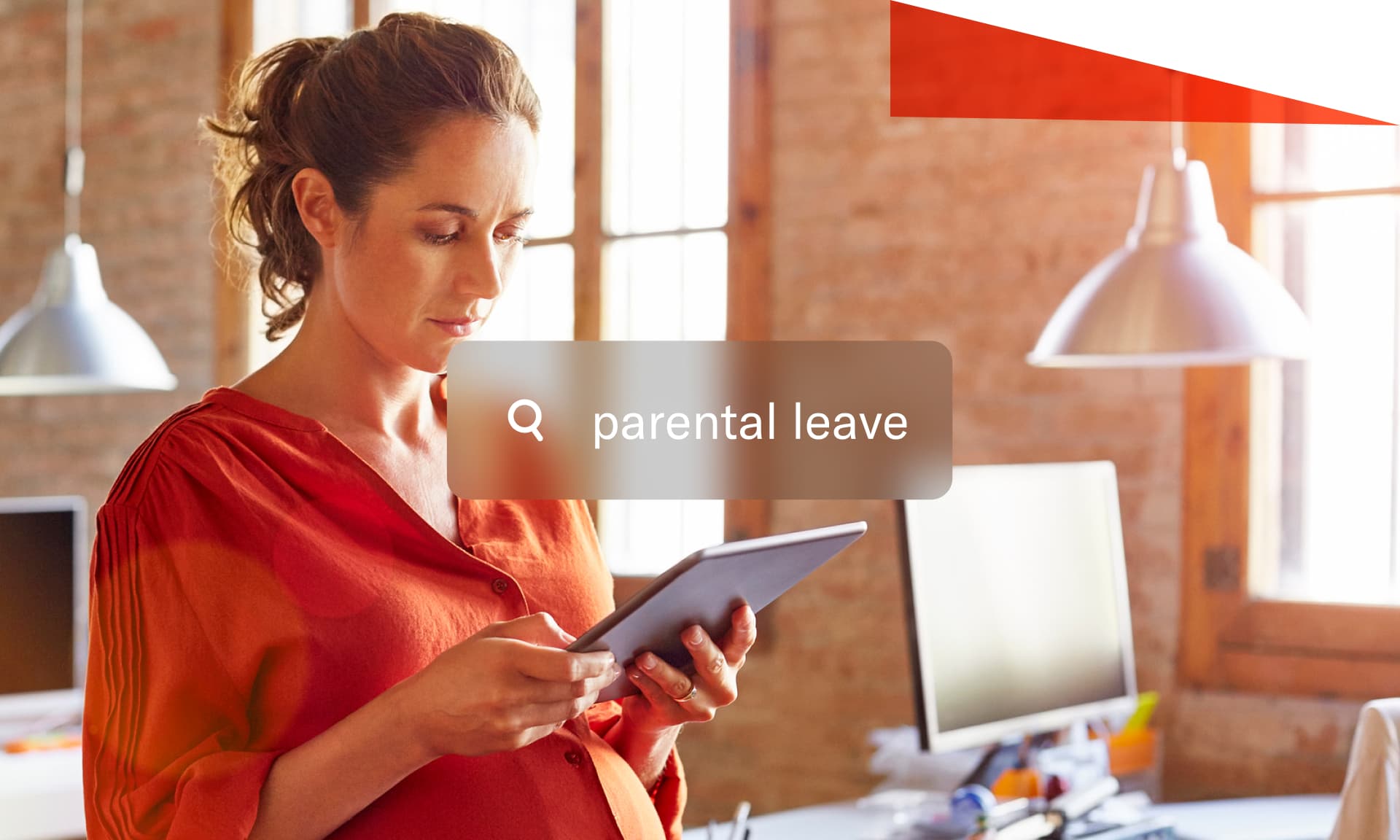 pregnant woman looking at tablet parental leave search bar tab stock image