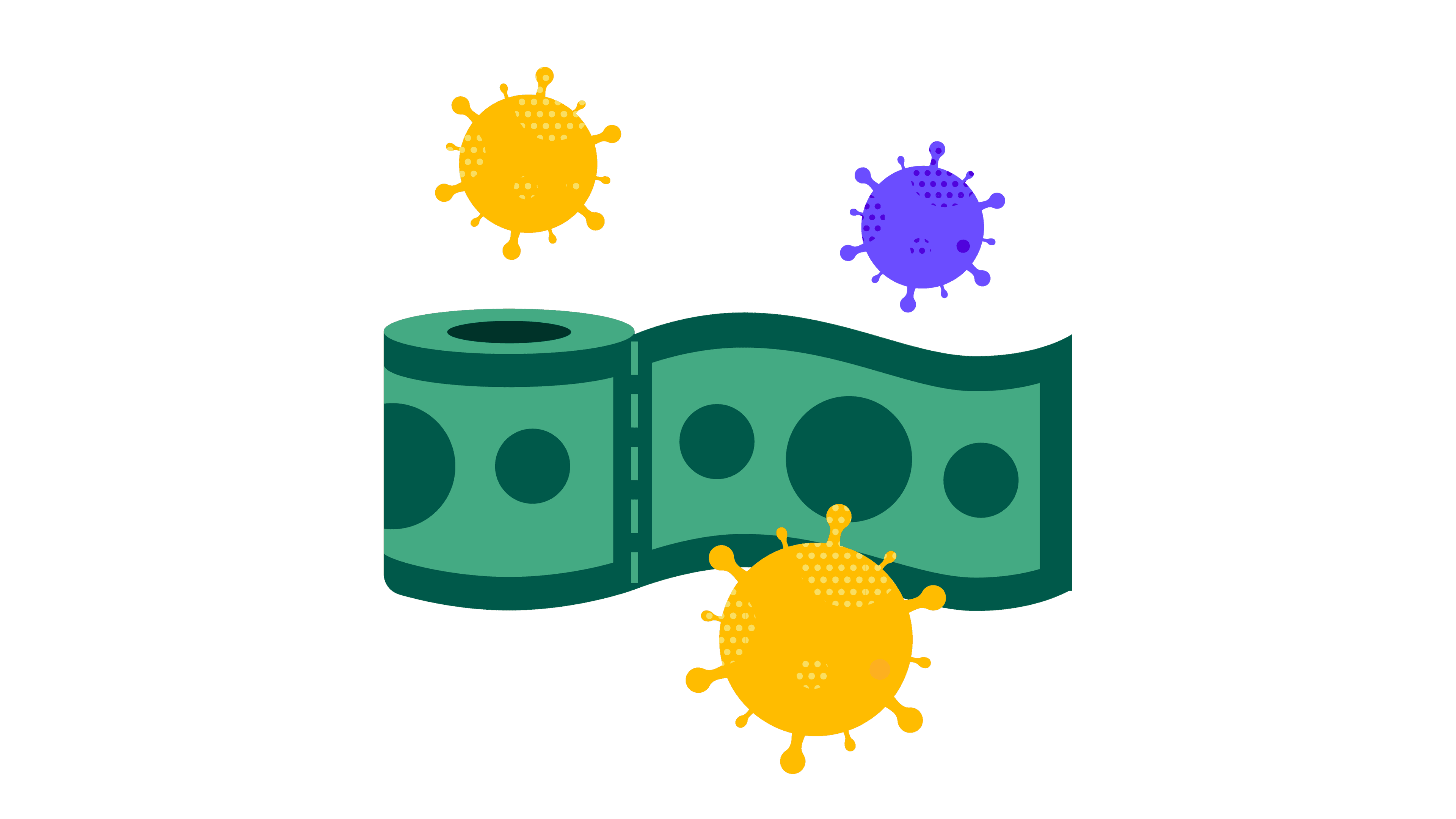 toilet paper roll of money surrounded by coronavirus