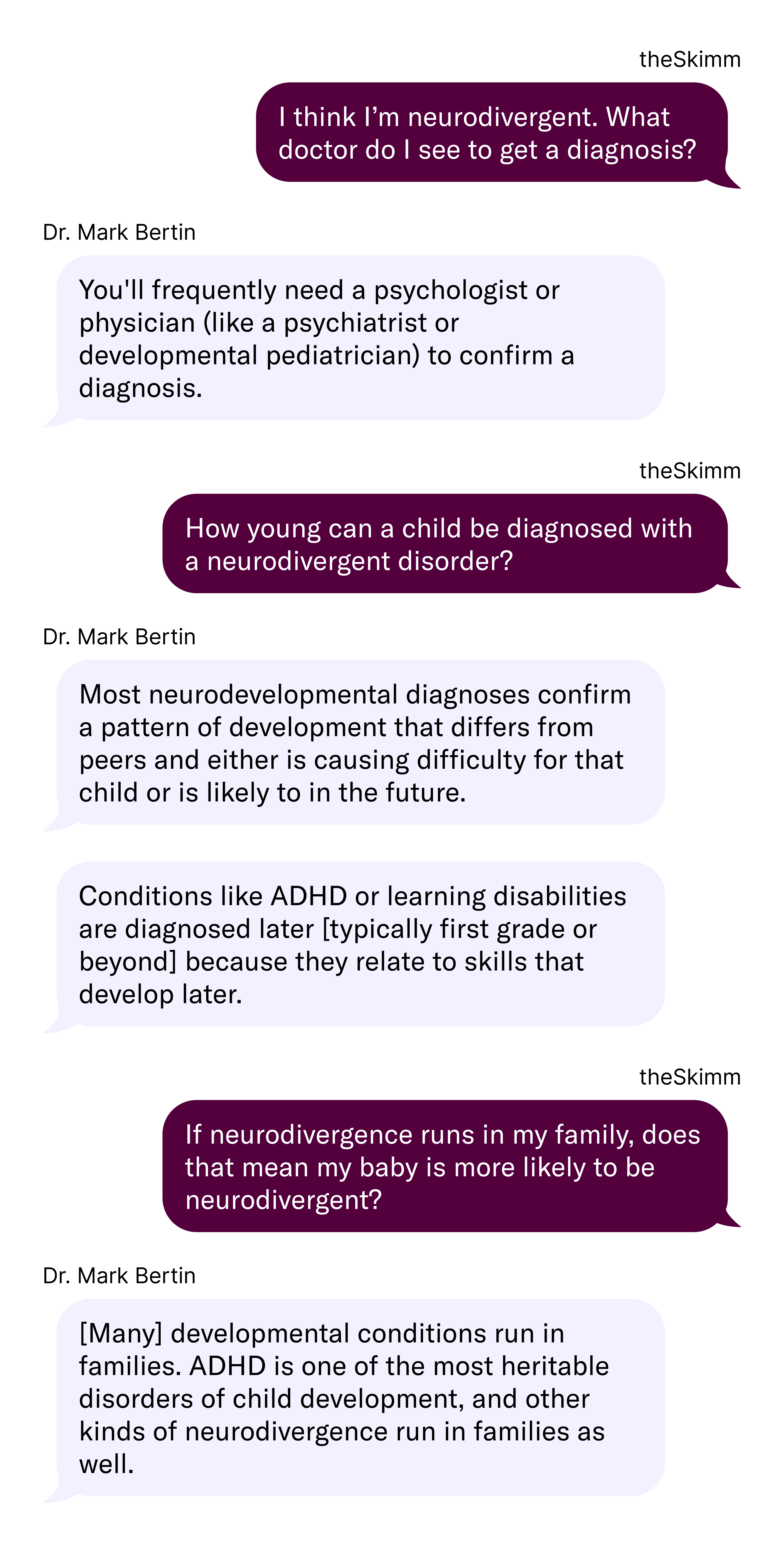 Text conversation of question and answer on neurodivergence