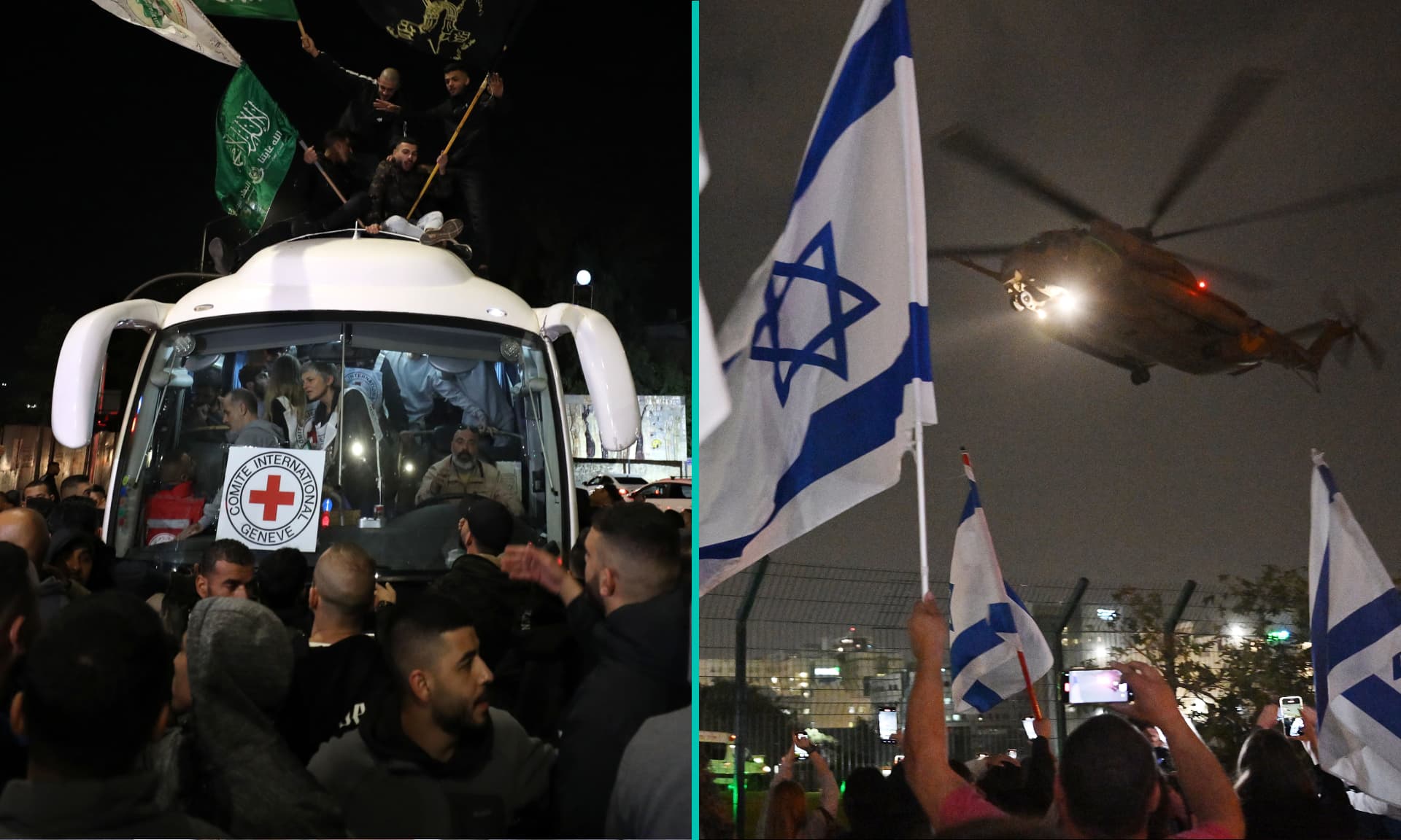 Palestinians prisoners released from Israeli jails and Israeli hostages released earlier by Hamas