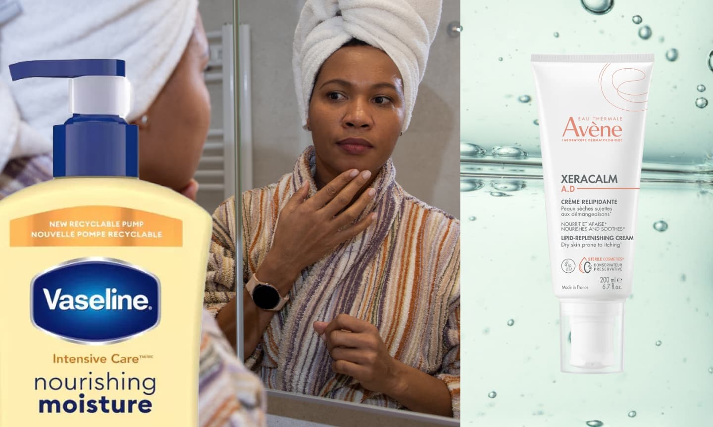 woman applying moisturizer in the mirror