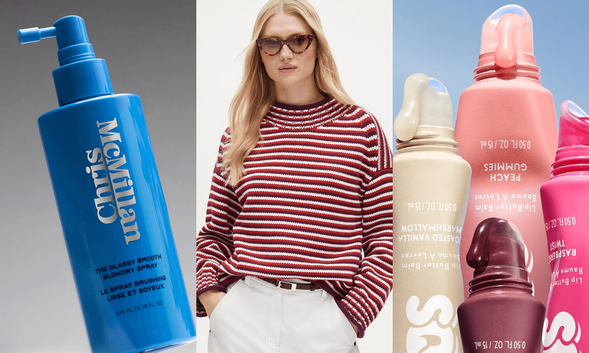 blow-dry spray, sweater, lip balm