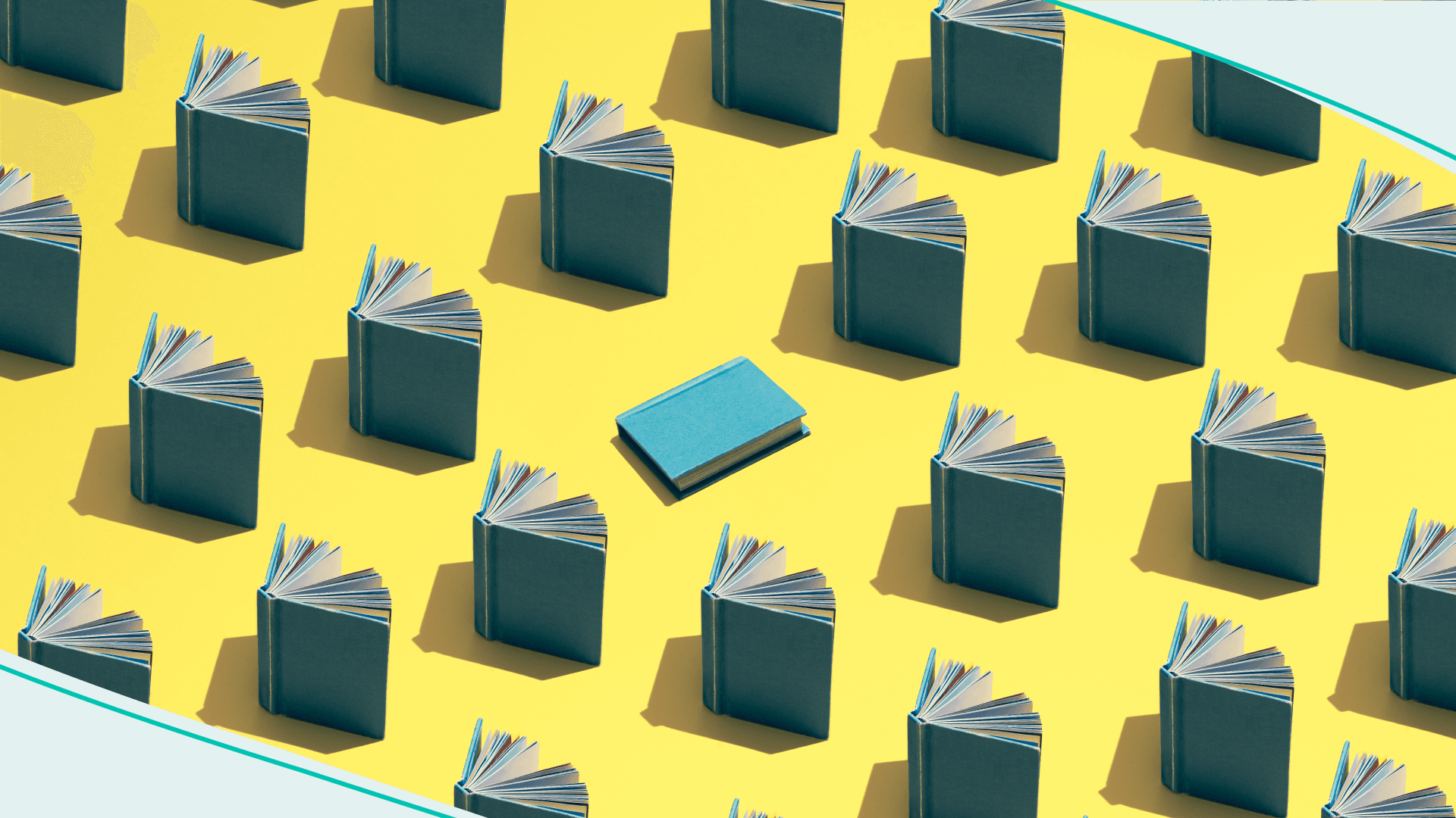 A large group of books where one is closed