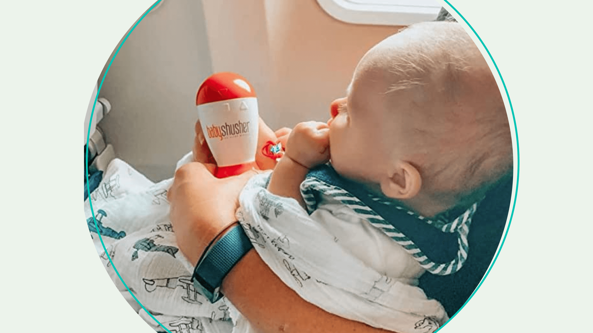 Baby on plane with Baby Shusher