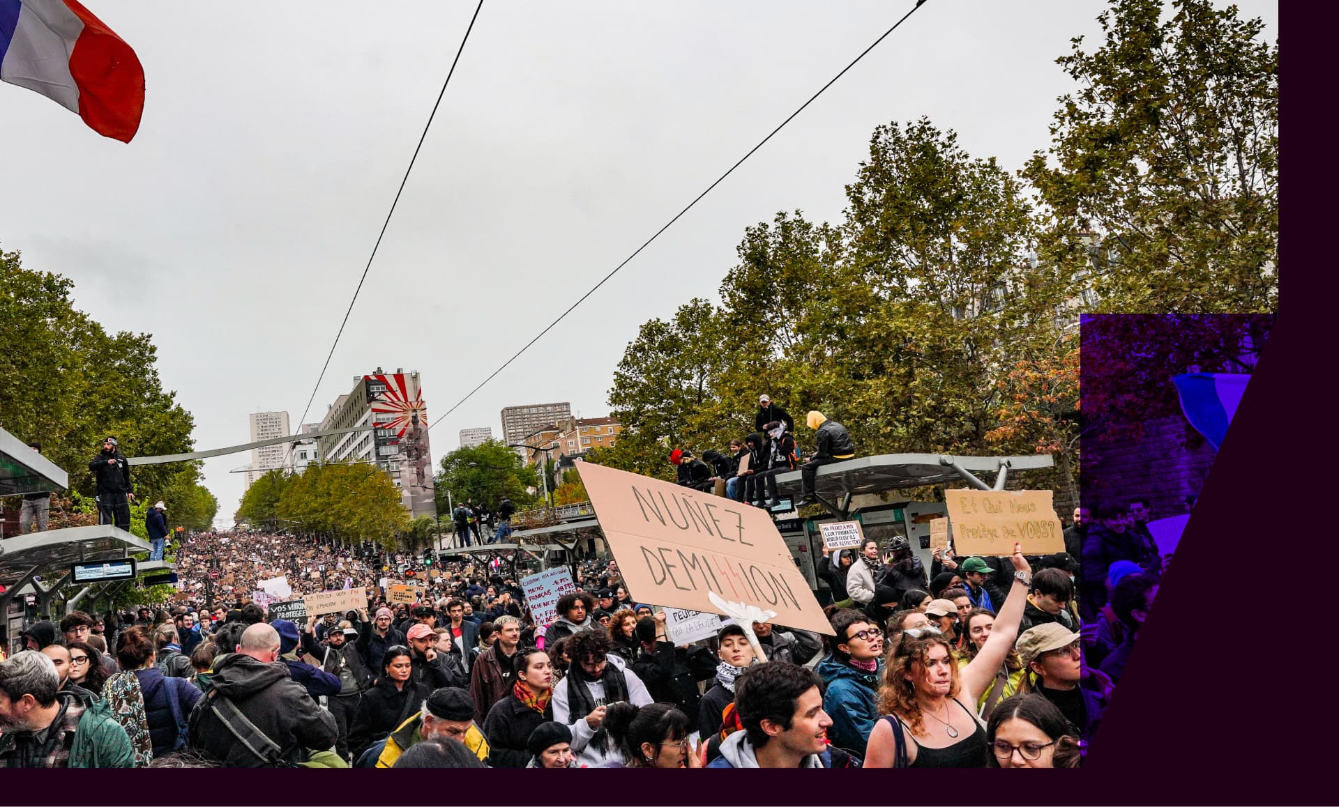 A dense crowd of demonstrators fills a Paris boulevard beneath French flags during the national protest in Paris.