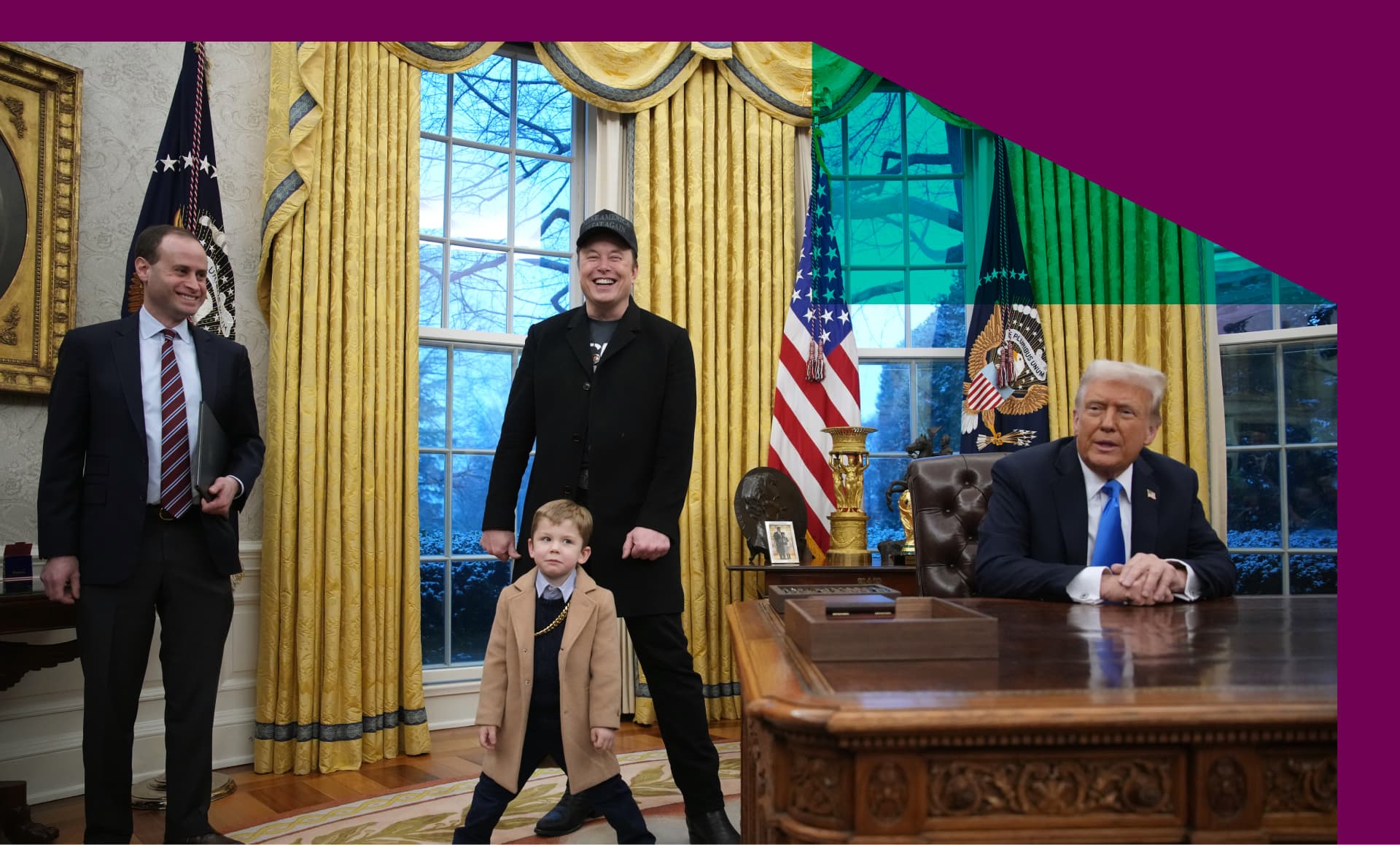 Trump, Elon Musk, and Musk's child in the White House