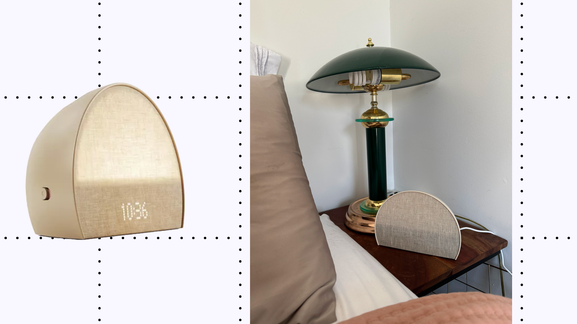 A product photo of the Hatch Restore 2 next to a photo of the Hatch Restore 2 on a nightstand next to a green and gold lamp